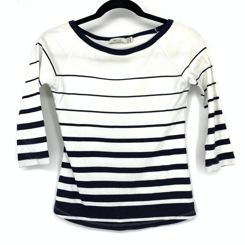 Zara Basic 3/4 Sleeve Boatneck Tee Womens Sz M White Navy Blue Striped